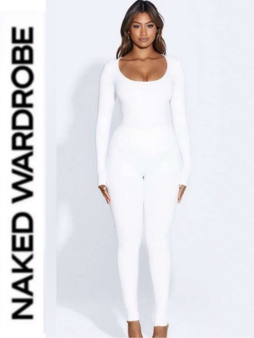 Naked Wardrobe 🤍 White Long Sleeve Scoop Jumpsuit